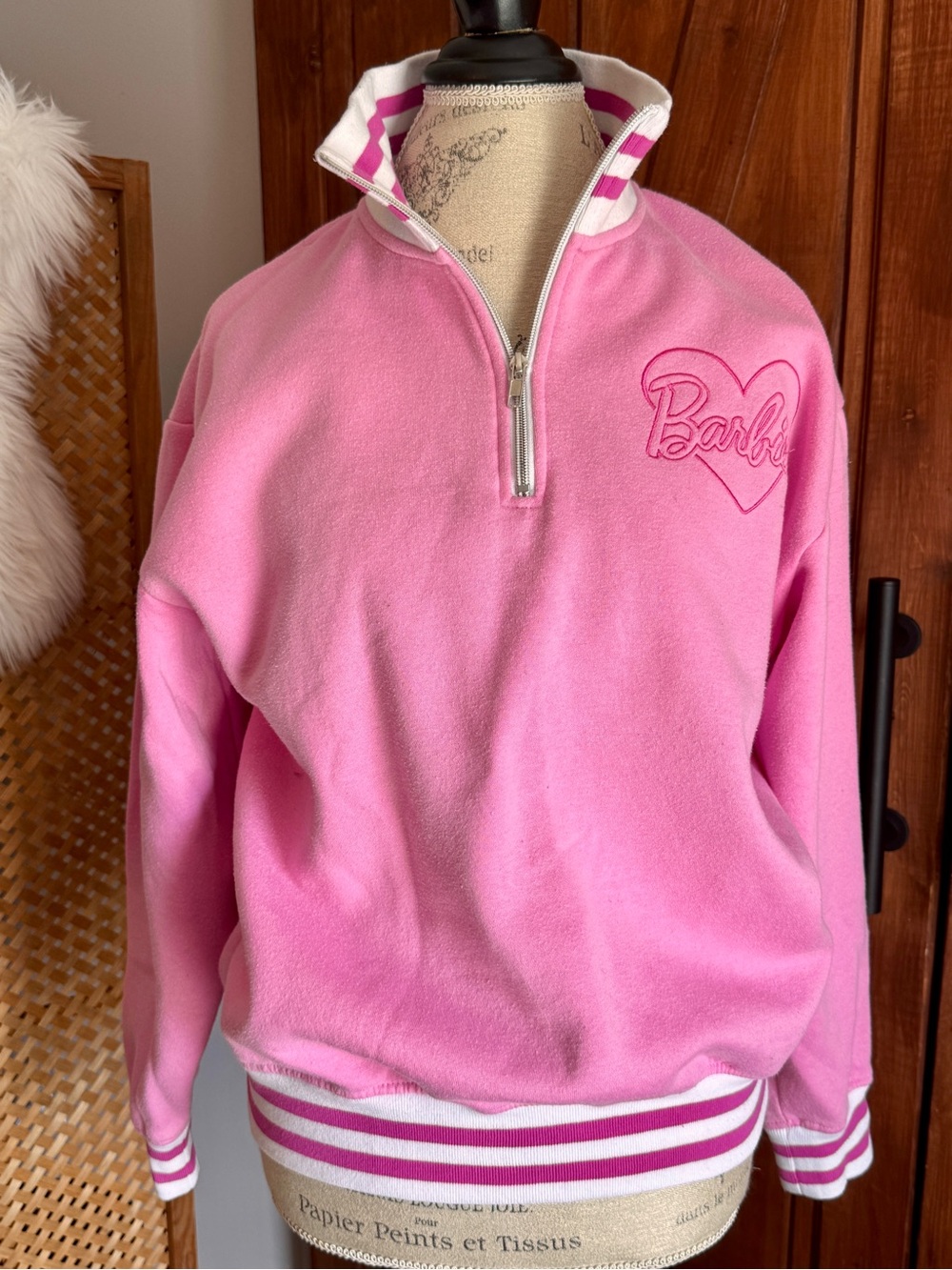 Barbie Pink Quarter-Zip Pullover with Embroidered Heart Logo - Picture 4 of 5